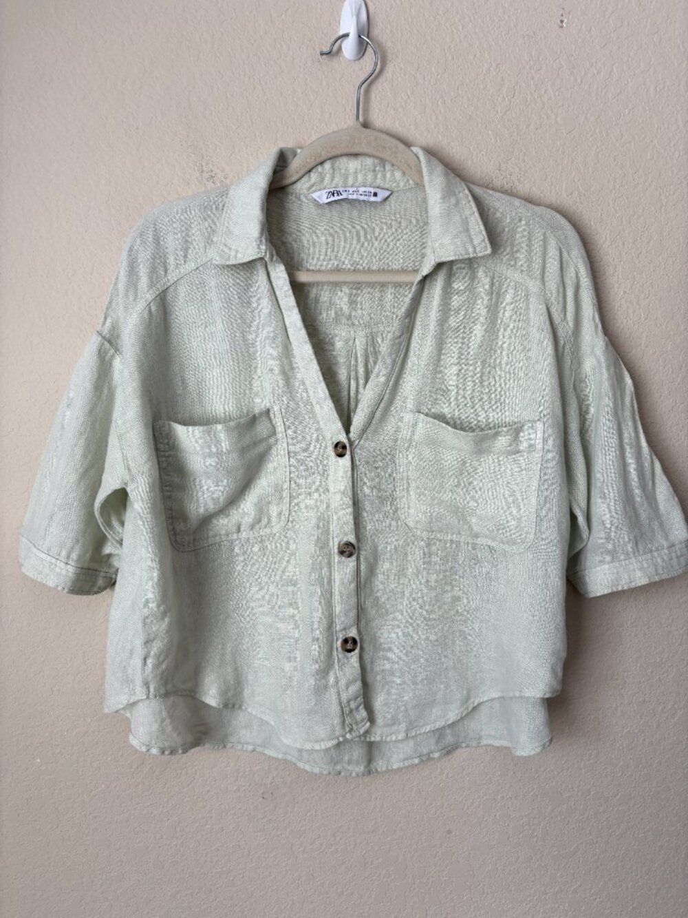 Zara Linen Button Up Boxy Cropped Pistachio Green Shirt - Picture 7 of 11